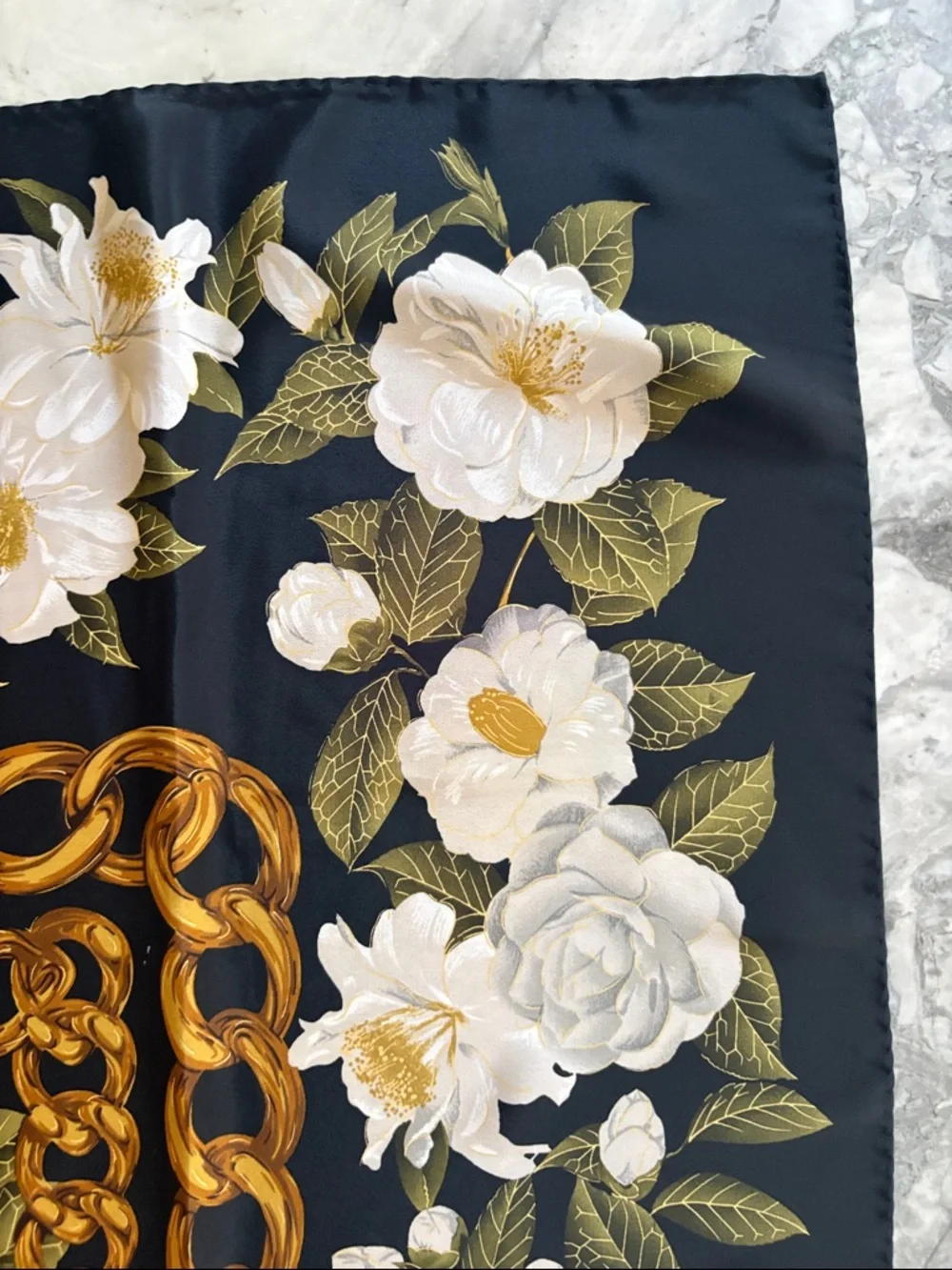 Vintage Chanel Camellia Print Silk Scarf. Black, Gold and White.